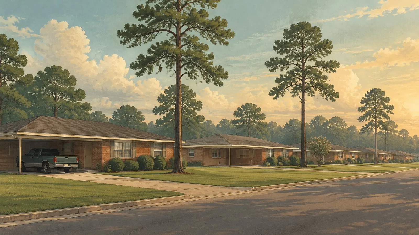Illustration of a street of single-storey brick ranch homes with carports and tall pine trees